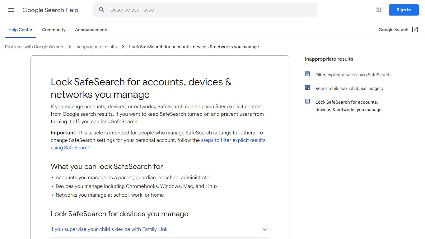 Lock SafeSearch for accounts, devices & networks you manage